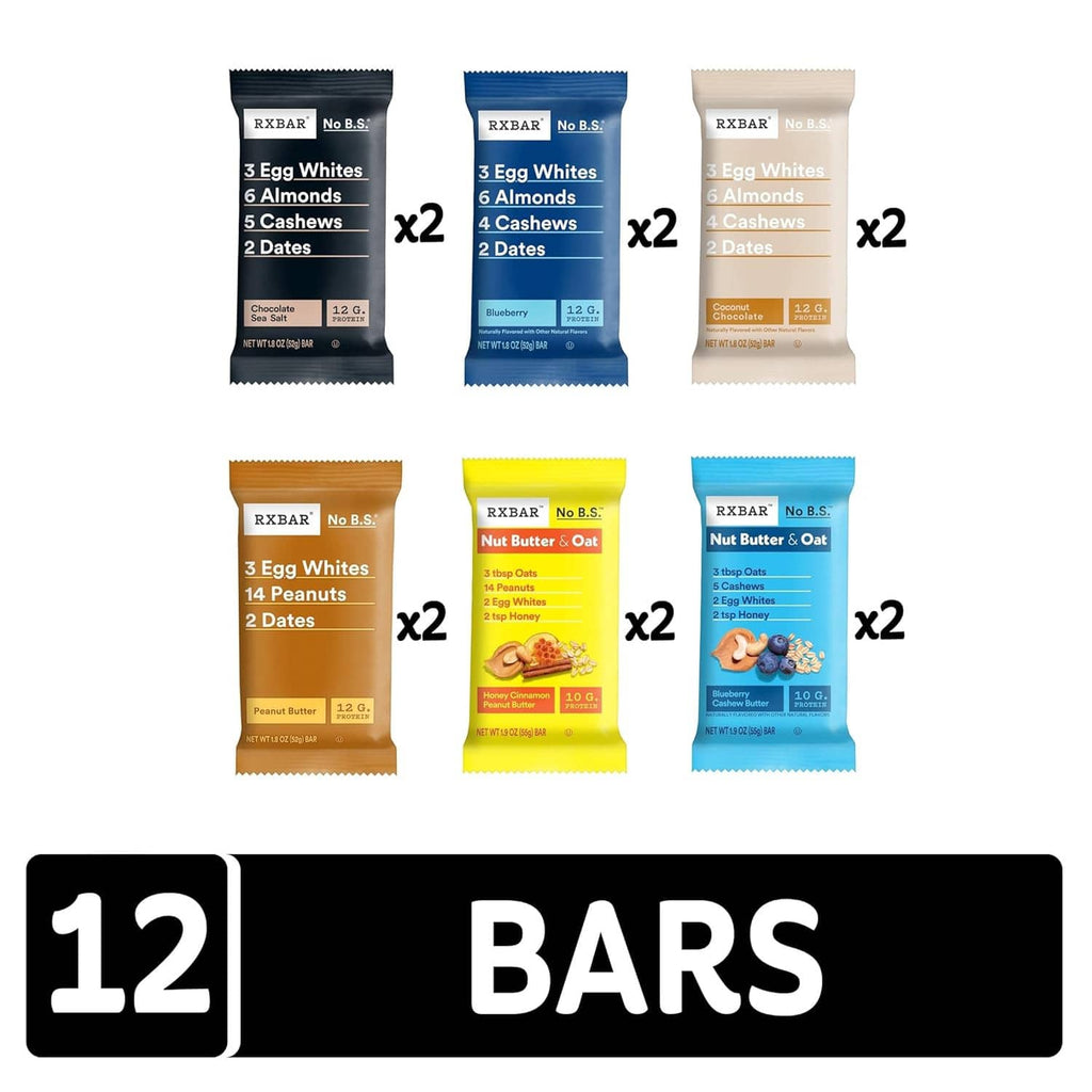 Twelve-count assortment layout of RxBAR 12 g protein bar packs, assorted flavors