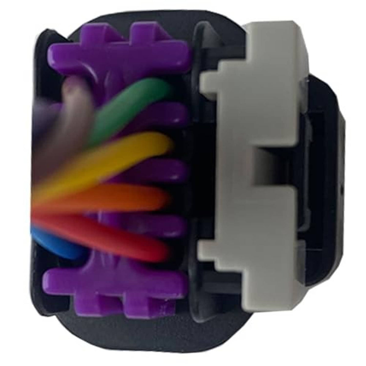 Throttle body connector plug, inside view with purple contacts and colored wire leads