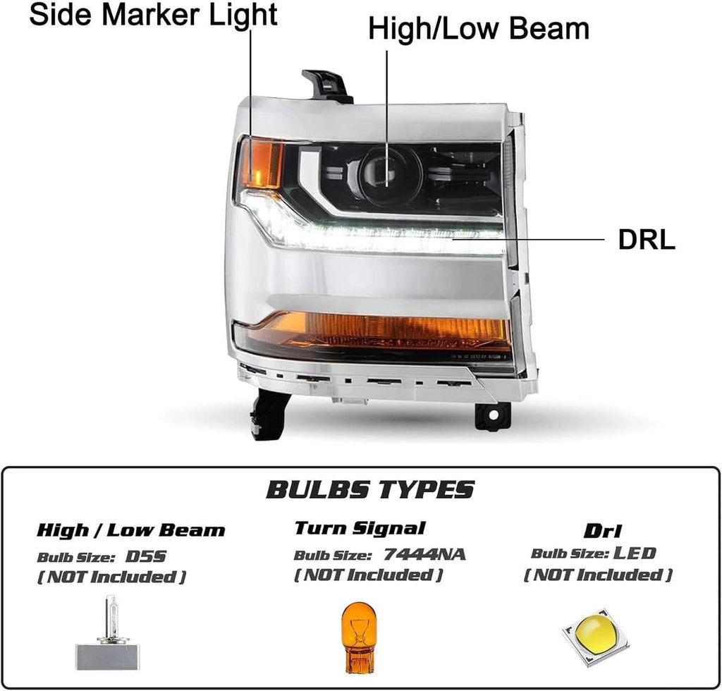Single chrome headlight with clear lens, amber DRL, and outlined bulb types