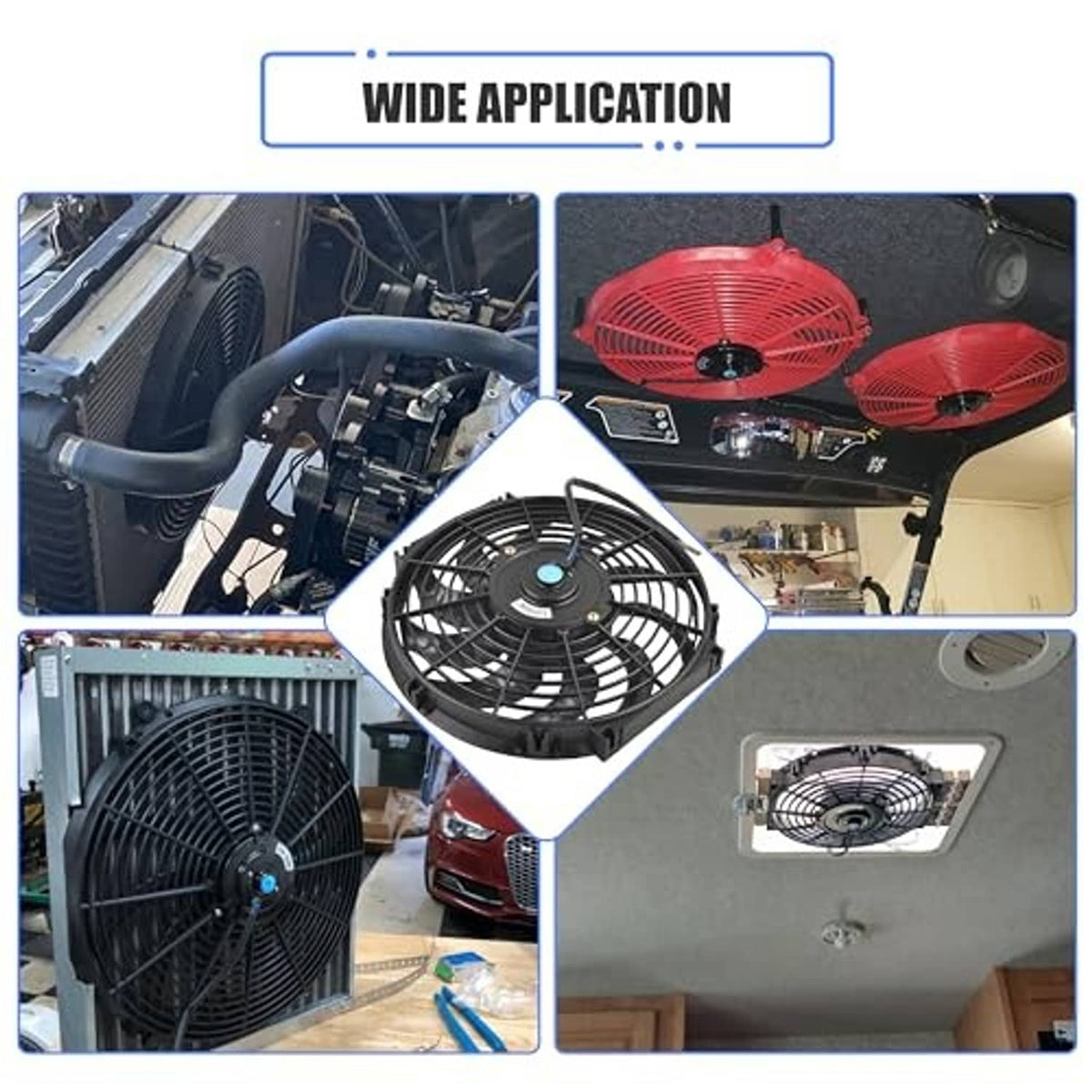 Universal radiator cooling fan kit with black fan and blue hub, shown for wide applications
