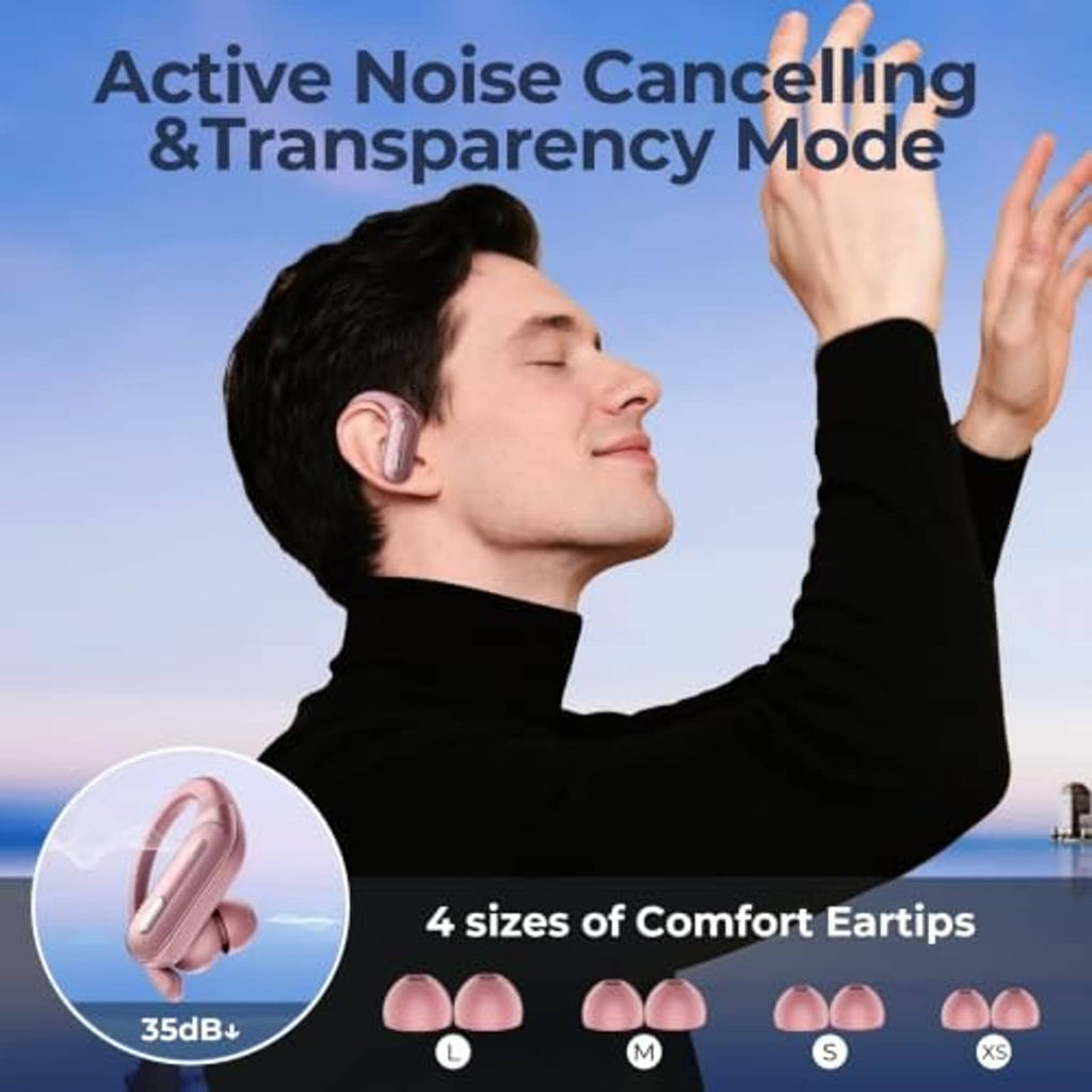 Rose pink noise-cancelling earbuds in a person’s ears with transparency mode graphic