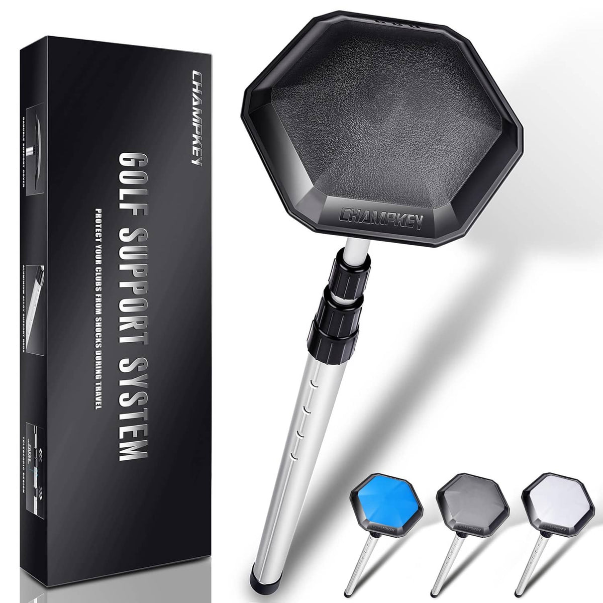 Golf travel bag support rod with CHAMPKEY octagonal black head and telescopic silver pole