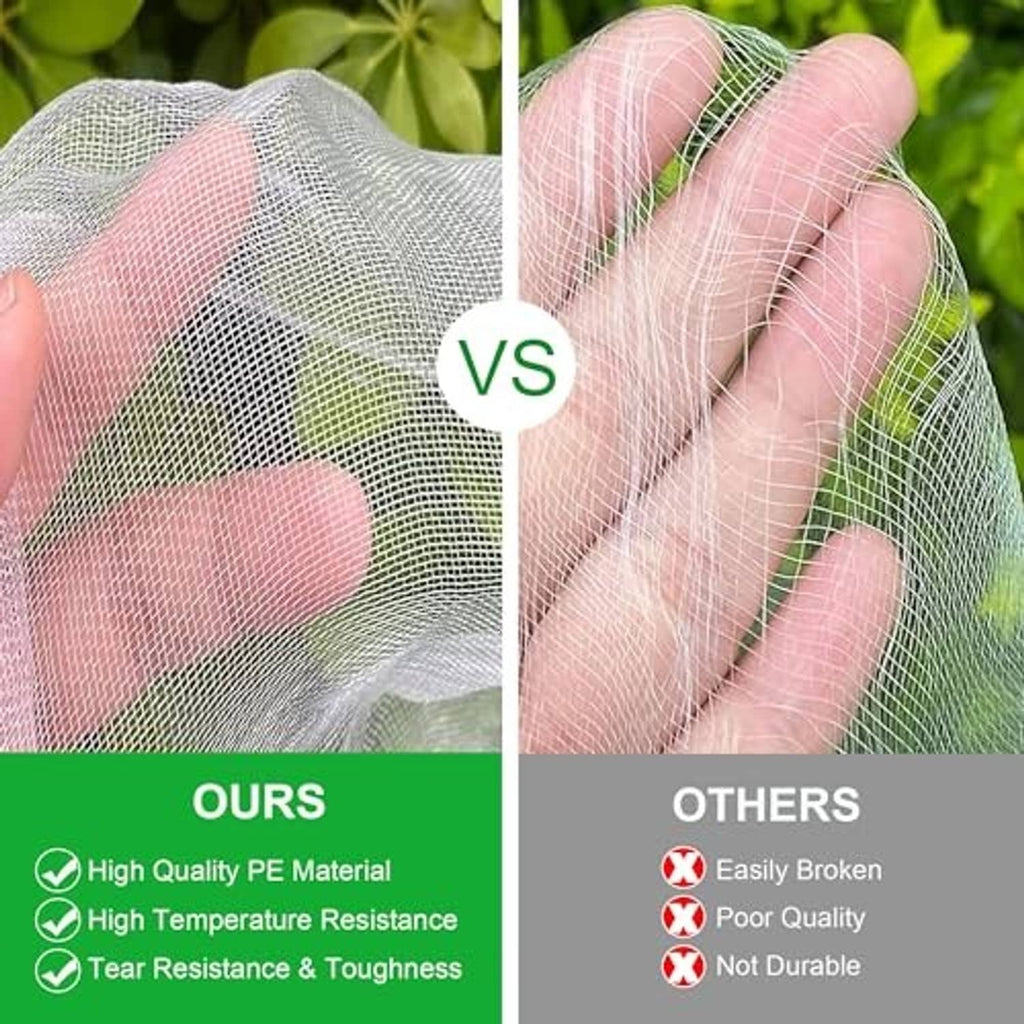 Ultra-fine garden netting in hands, translucent mesh material comparison