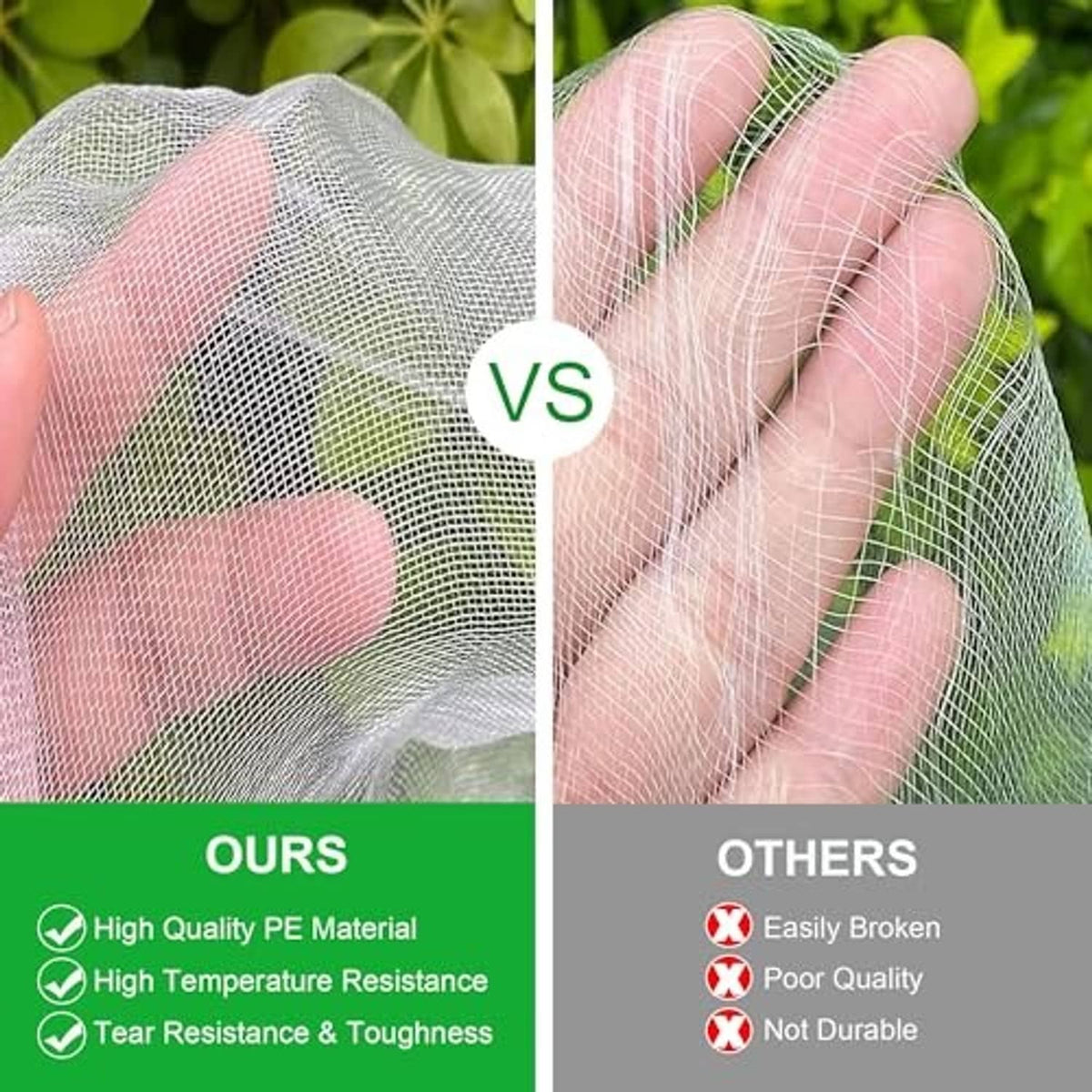 Ultra-fine garden netting in hands, translucent mesh material comparison