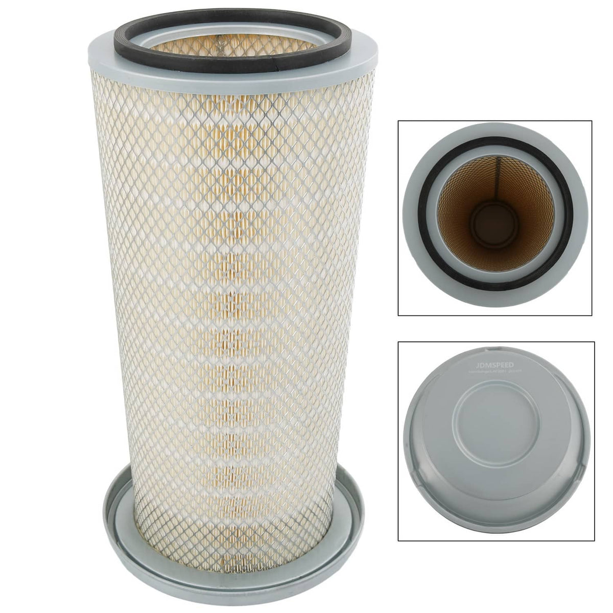 Air filter element with pleated mesh media and gray end caps, circular opening
