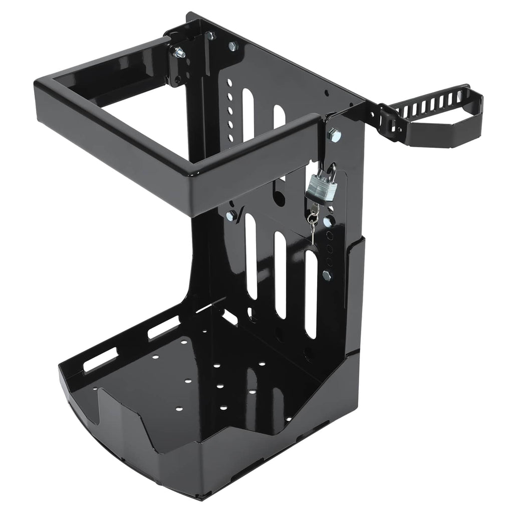 Black steel trailer rack with perforated panels and mounted upper and lower trays