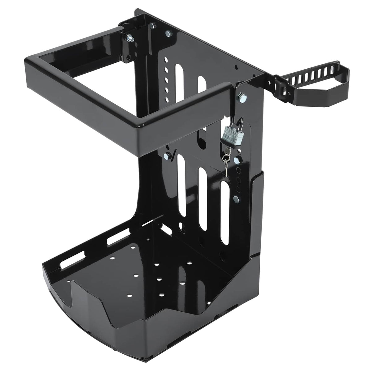 Black steel trailer rack with perforated panels and mounted upper and lower trays