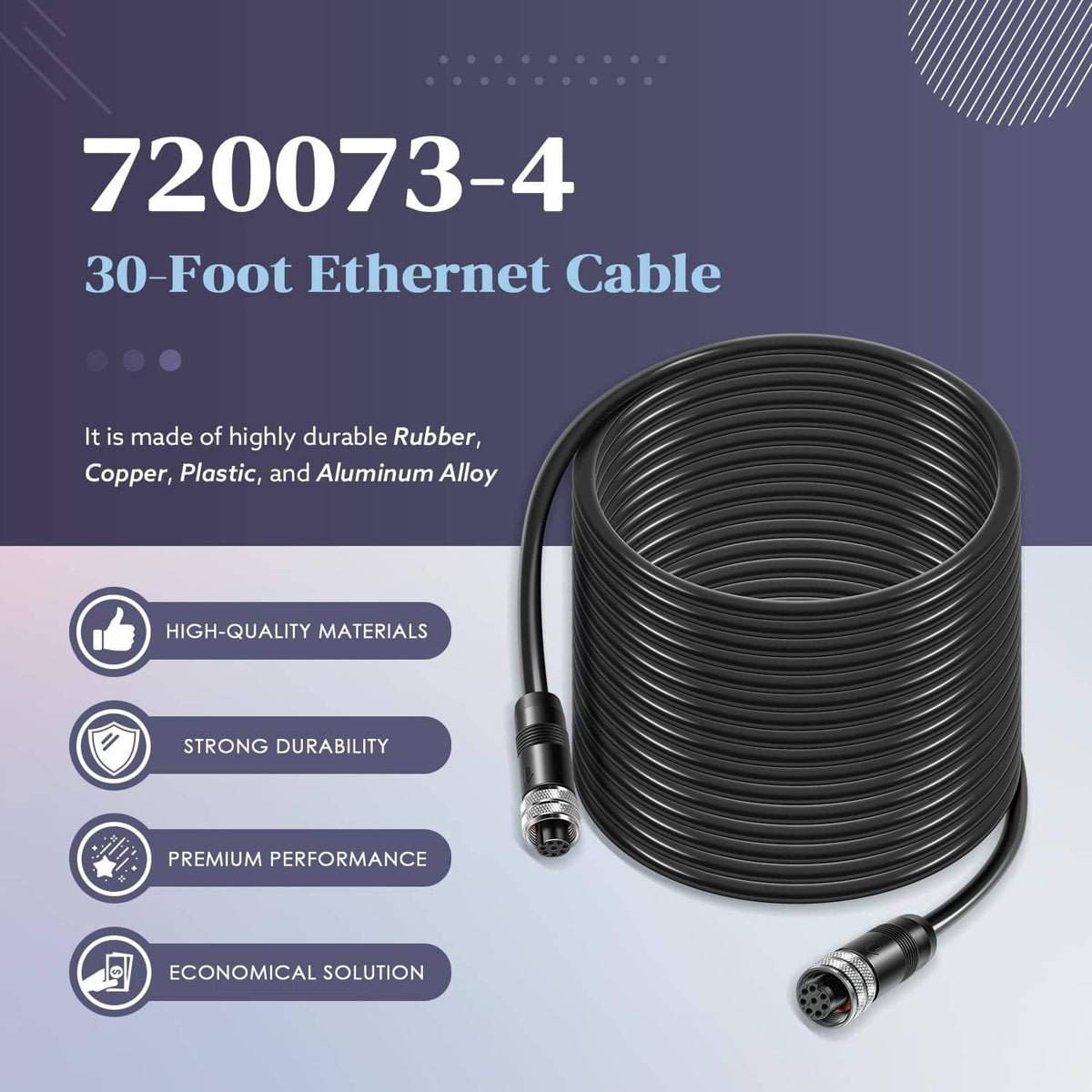 30-foot boat Ethernet cable with black coiled cord and 8-pin metal connectors