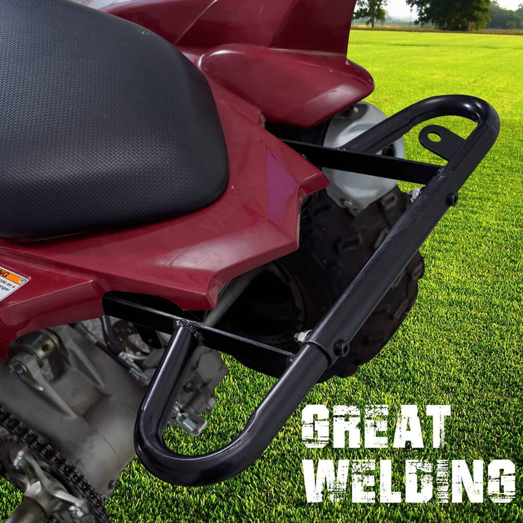 Black aluminum ATV rear bumper with tubular grab bar and mounting brackets