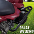 Black aluminum ATV rear bumper with tubular grab bar and mounting brackets