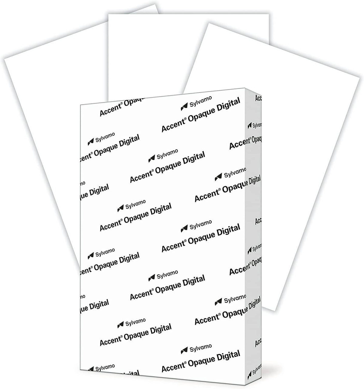 White opaque cardstock paper ream, layered sheets with repeating logo pattern