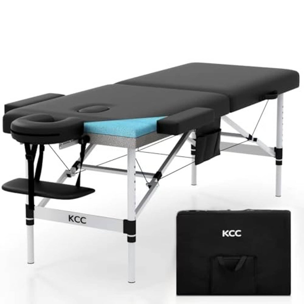 Portable massage table with black padded sections, blue center pad, and side carrying case