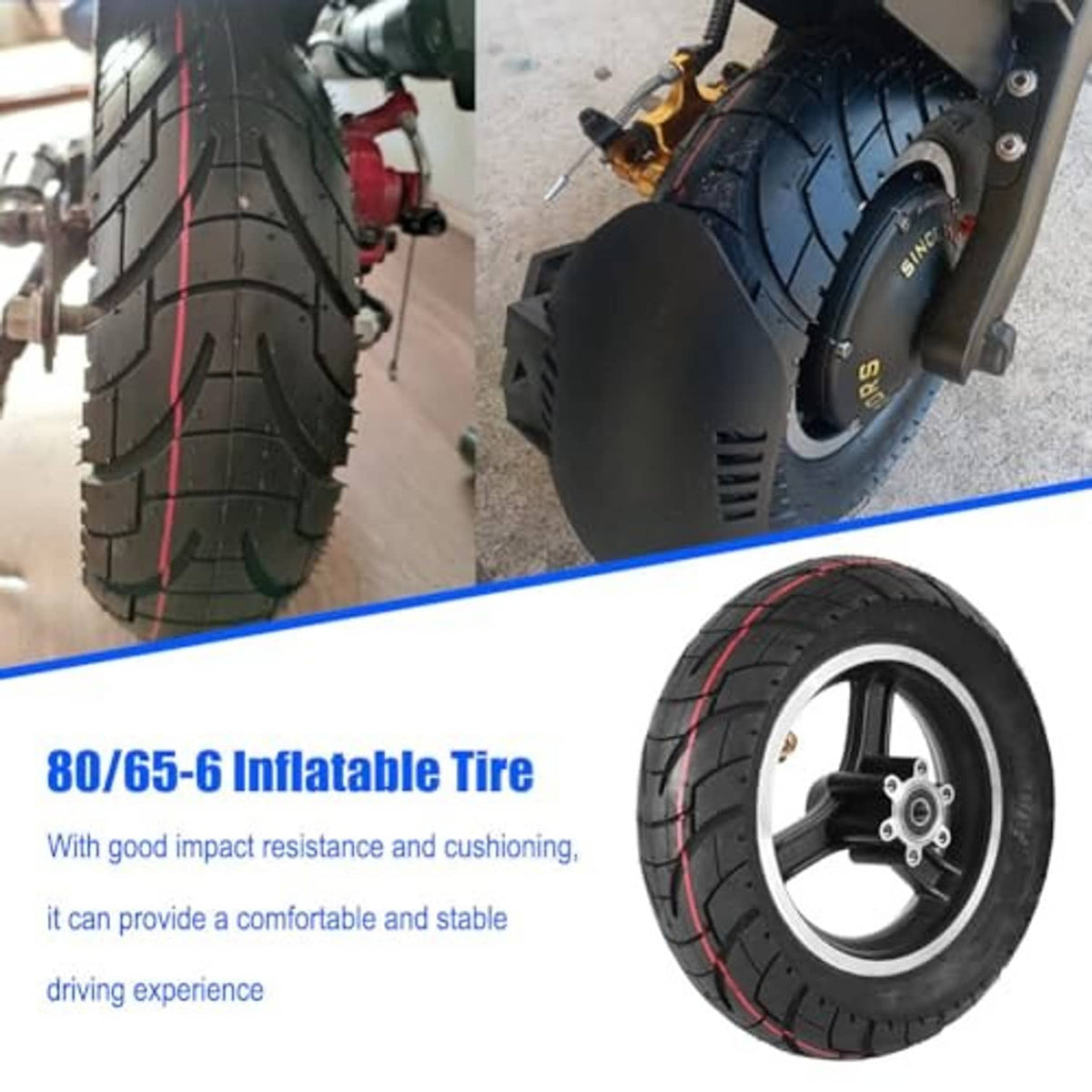 Scooter tire with hub, black rubber with red tread lines, mounted on scooter