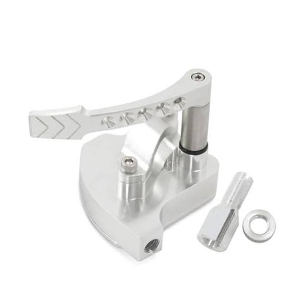 CNC billet thumb throttle extender, silver lever with riser block and mounting hardware