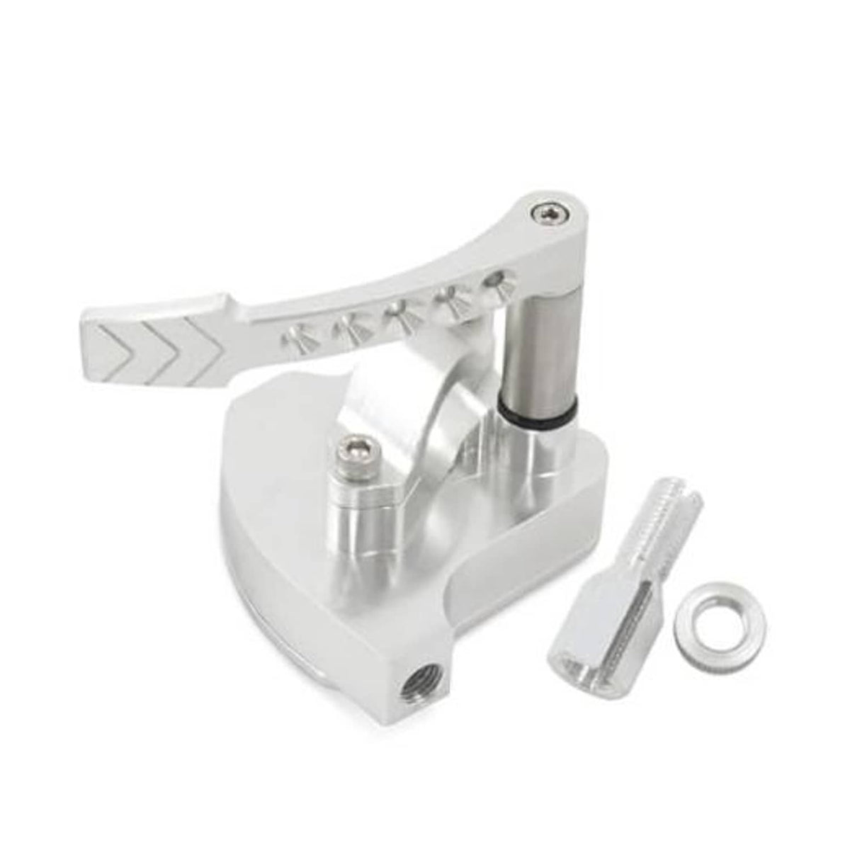 CNC billet thumb throttle extender, silver lever with riser block and mounting hardware