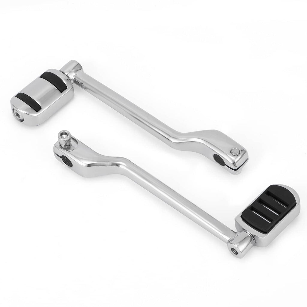 Chrome heel-toe shifter levers with black rubber pedals and mounting bolts