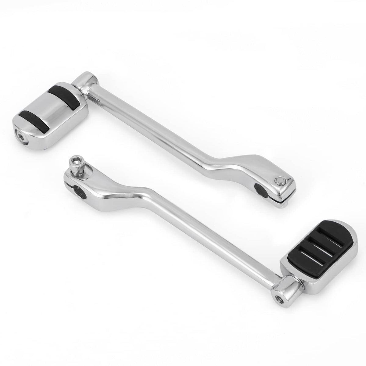 Chrome heel-toe shifter levers with black rubber pedals and mounting bolts