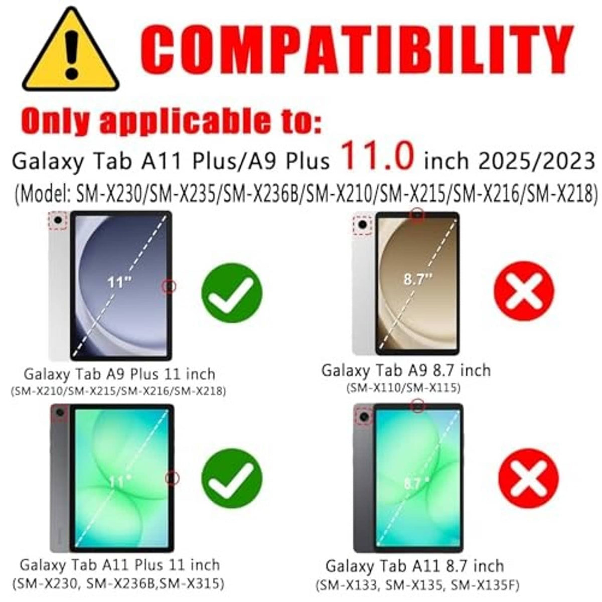 Tablet compatibility guide with check and cross icons for screen sizes