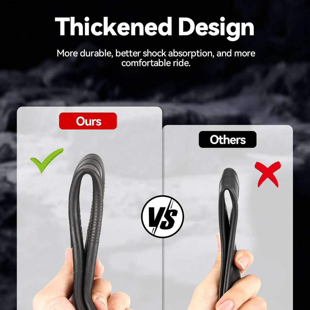 Thick black inner tube held upright, front sidewall close-up
