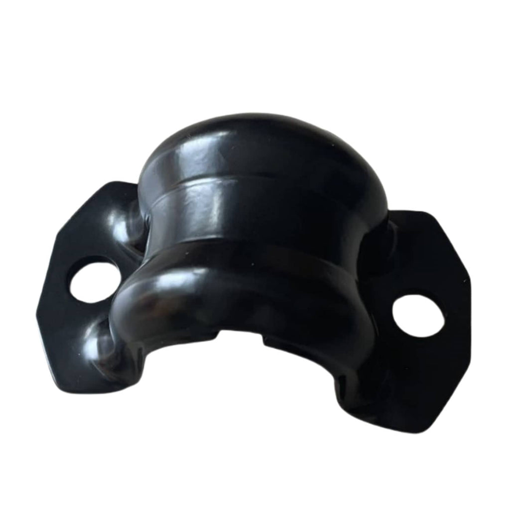 Black sway bar bushing with side mounting bracket and circular opening