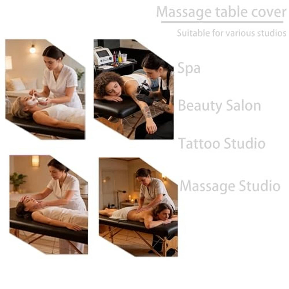 Black massage table cover shown on wooden massage bed in spa and studio settings