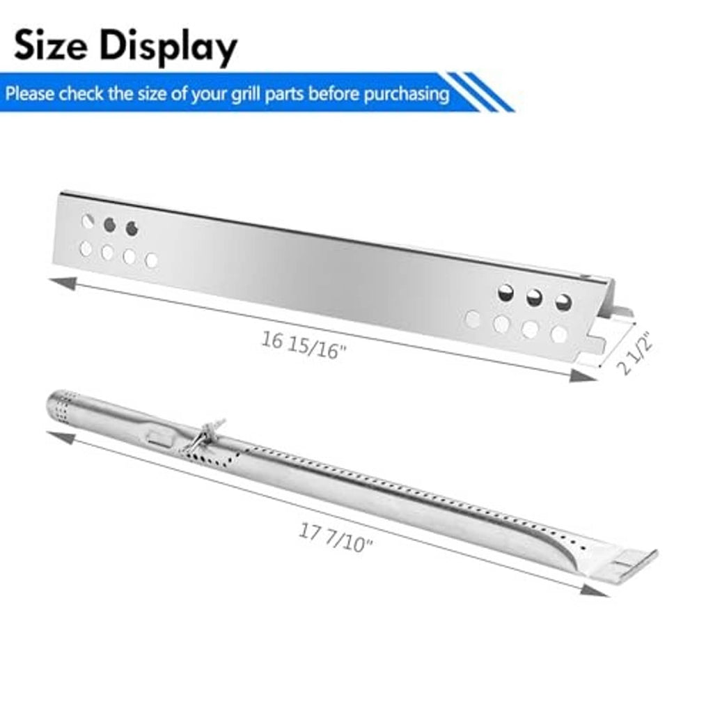 Stainless steel burner tube with mounting bracket, shown with length measurements
