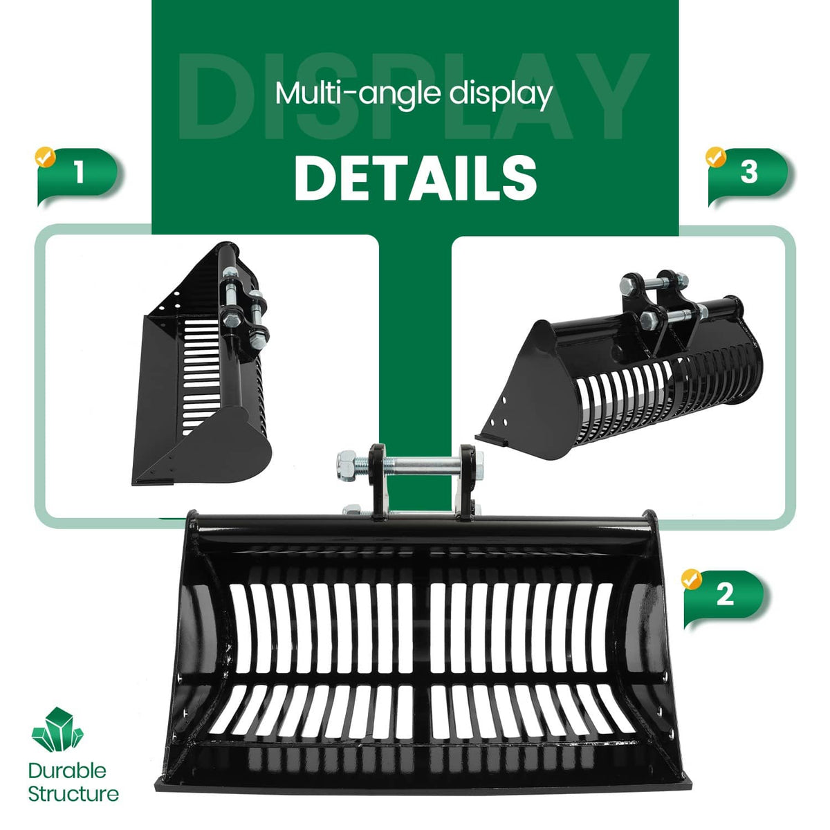 Black screening skeleton bucket attachment with ribbed screening drum and mounting bracket