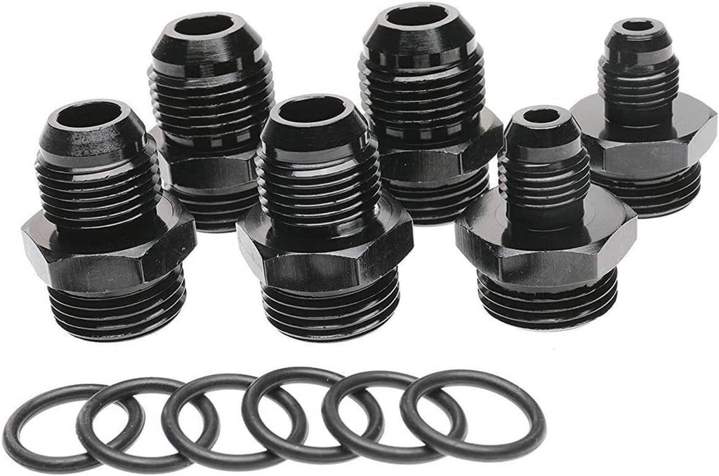 Set of black threaded AN adapter fittings with matching O-ring seals