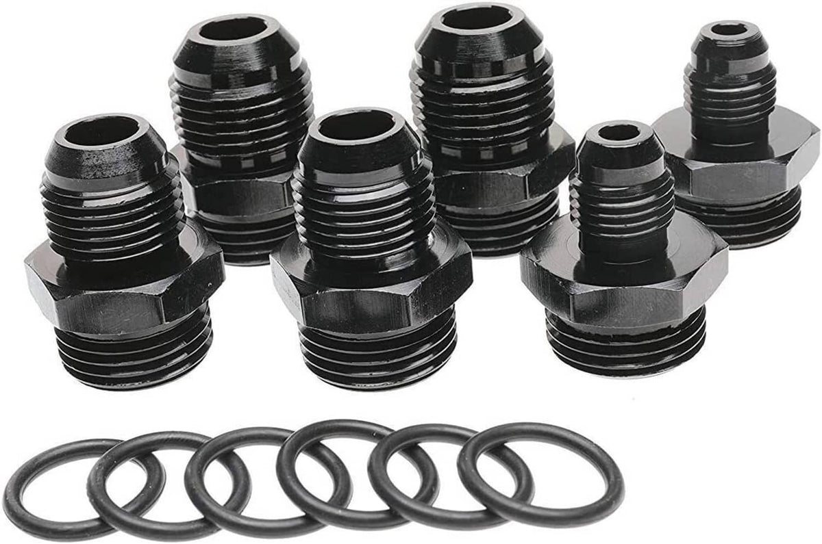 Set of black threaded AN adapter fittings with matching O-ring seals