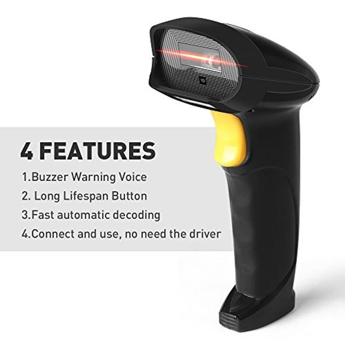 Wired handheld barcode scanner, black body with yellow trigger and scan window light