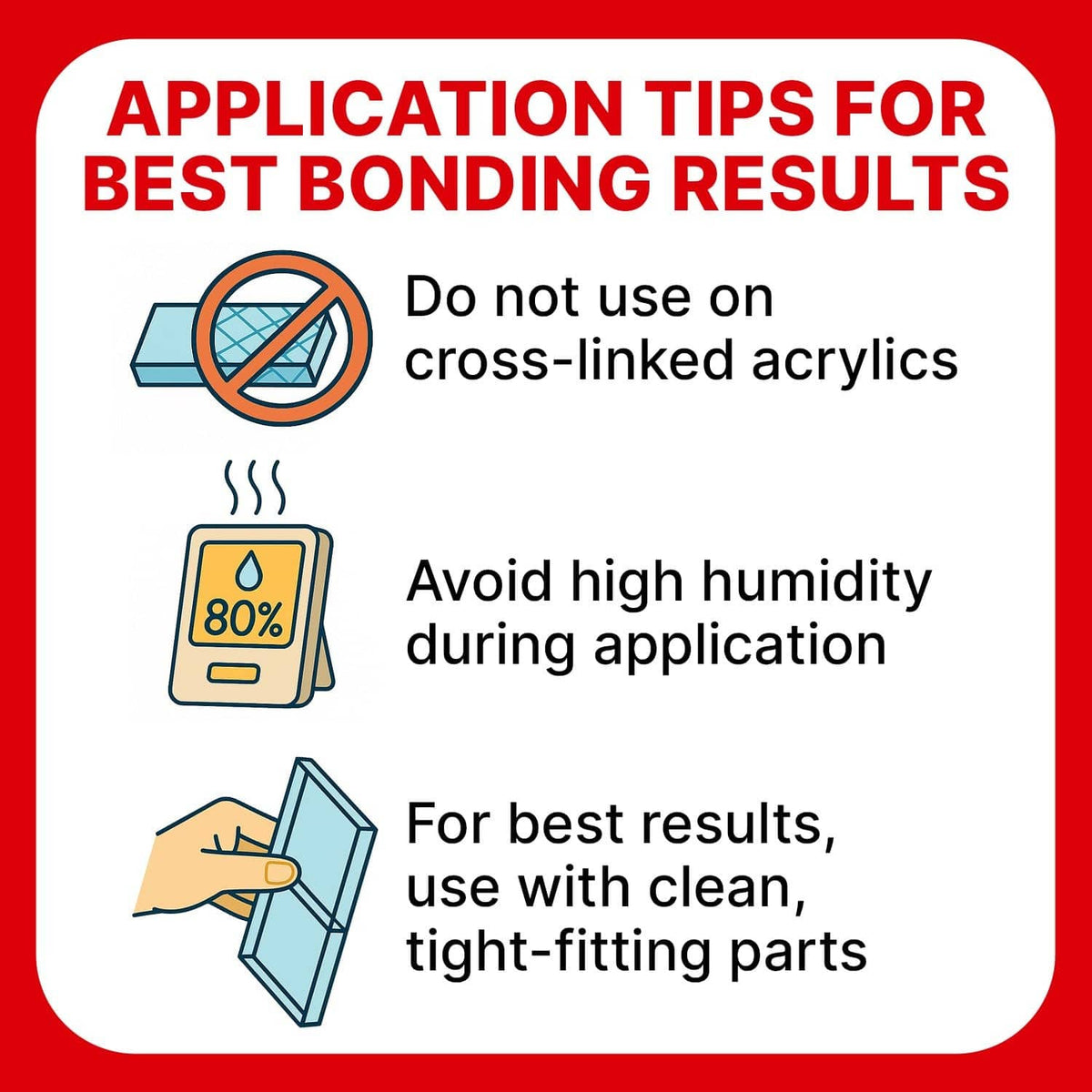 Acrylic cement application tips graphic for best bonding results