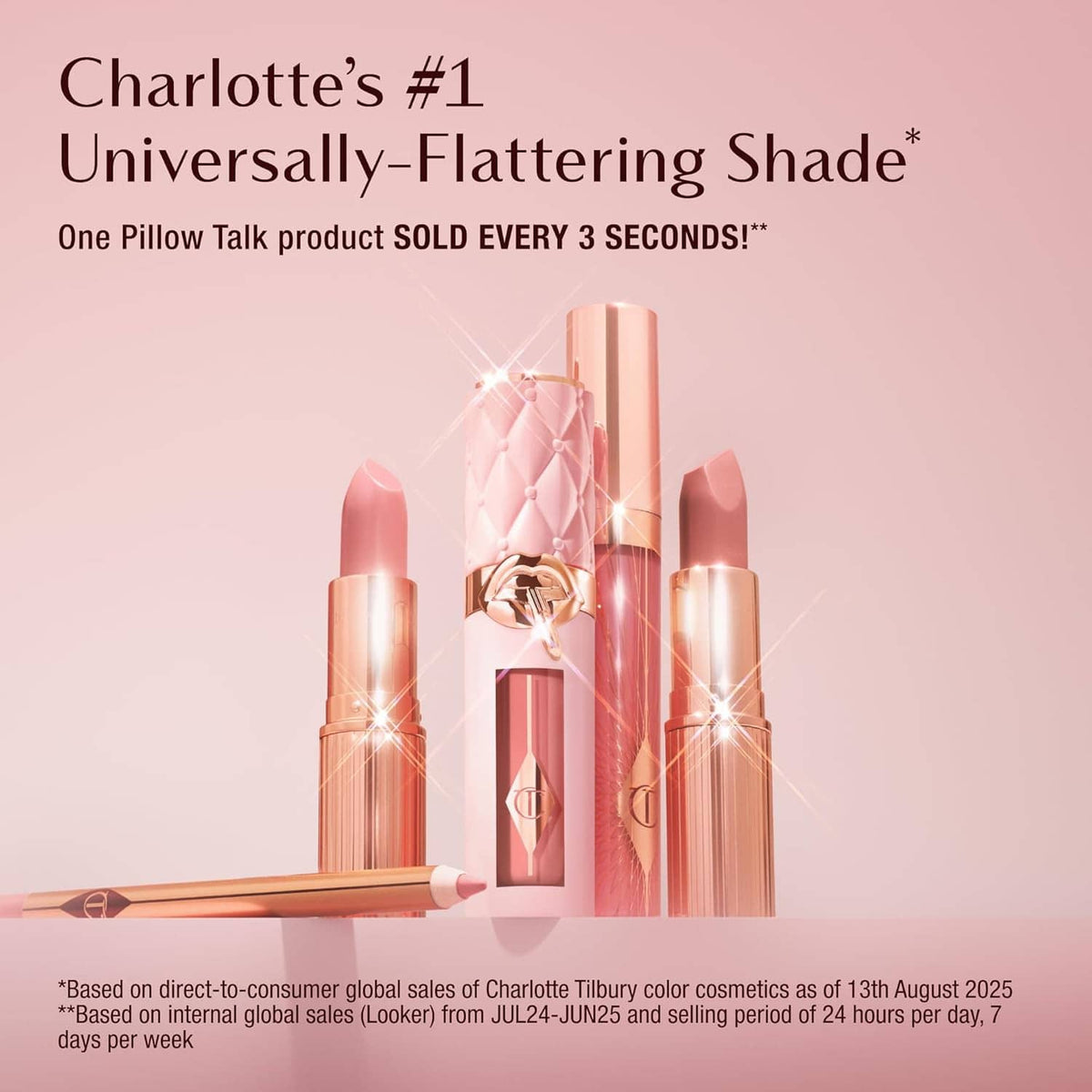 Charlotte Tilbury matte lipstick in rose-gold tube, standing with matching bullet caps