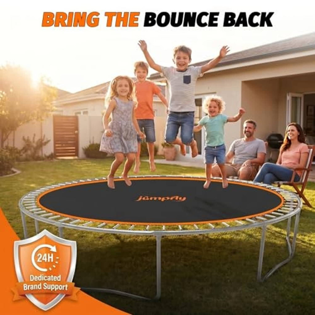 14FT trampoline replacement mat, black jumping surface with orange trim on trampoline frame