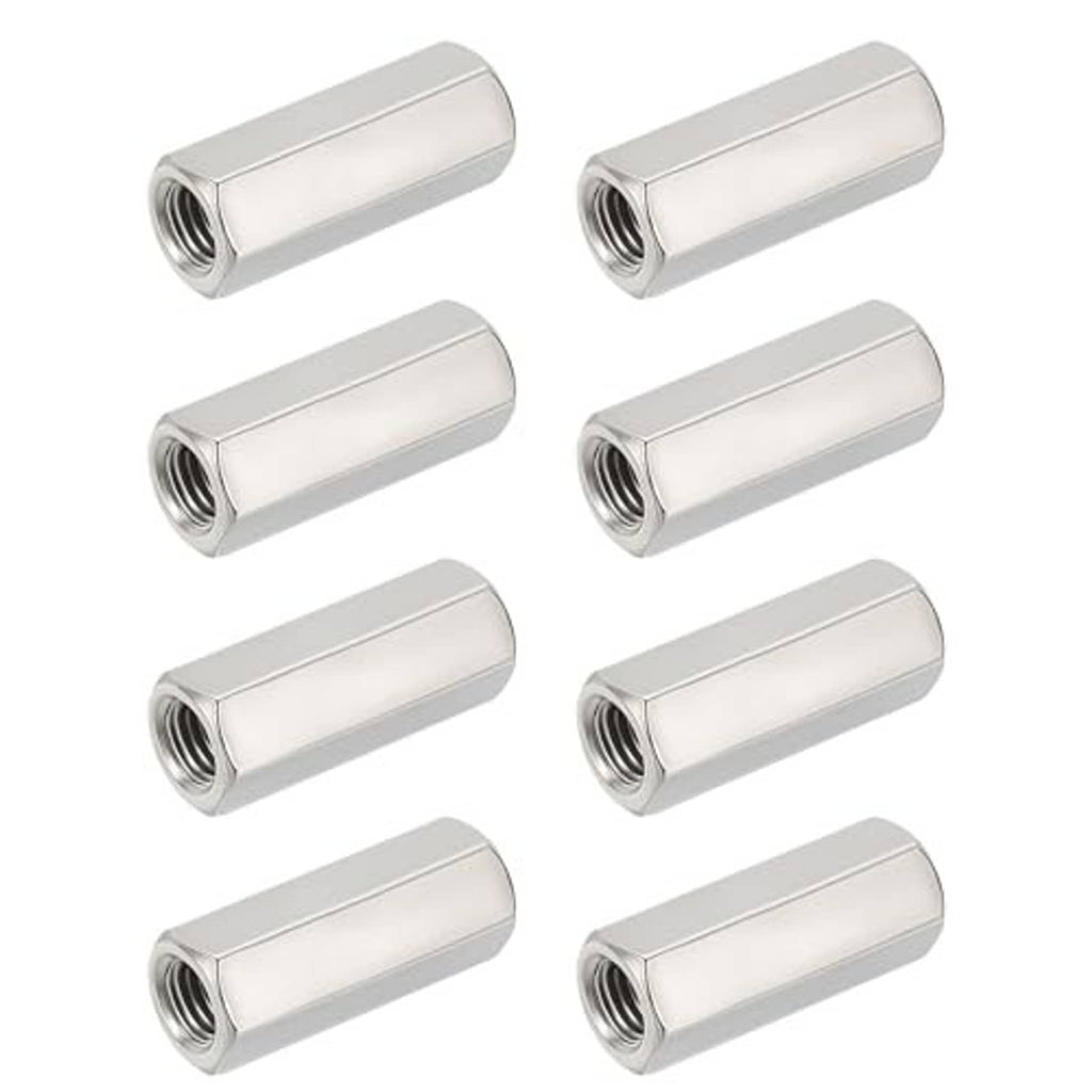 Set of hex coupling nuts with internal threads, smooth silver finish; M12 x 1.25