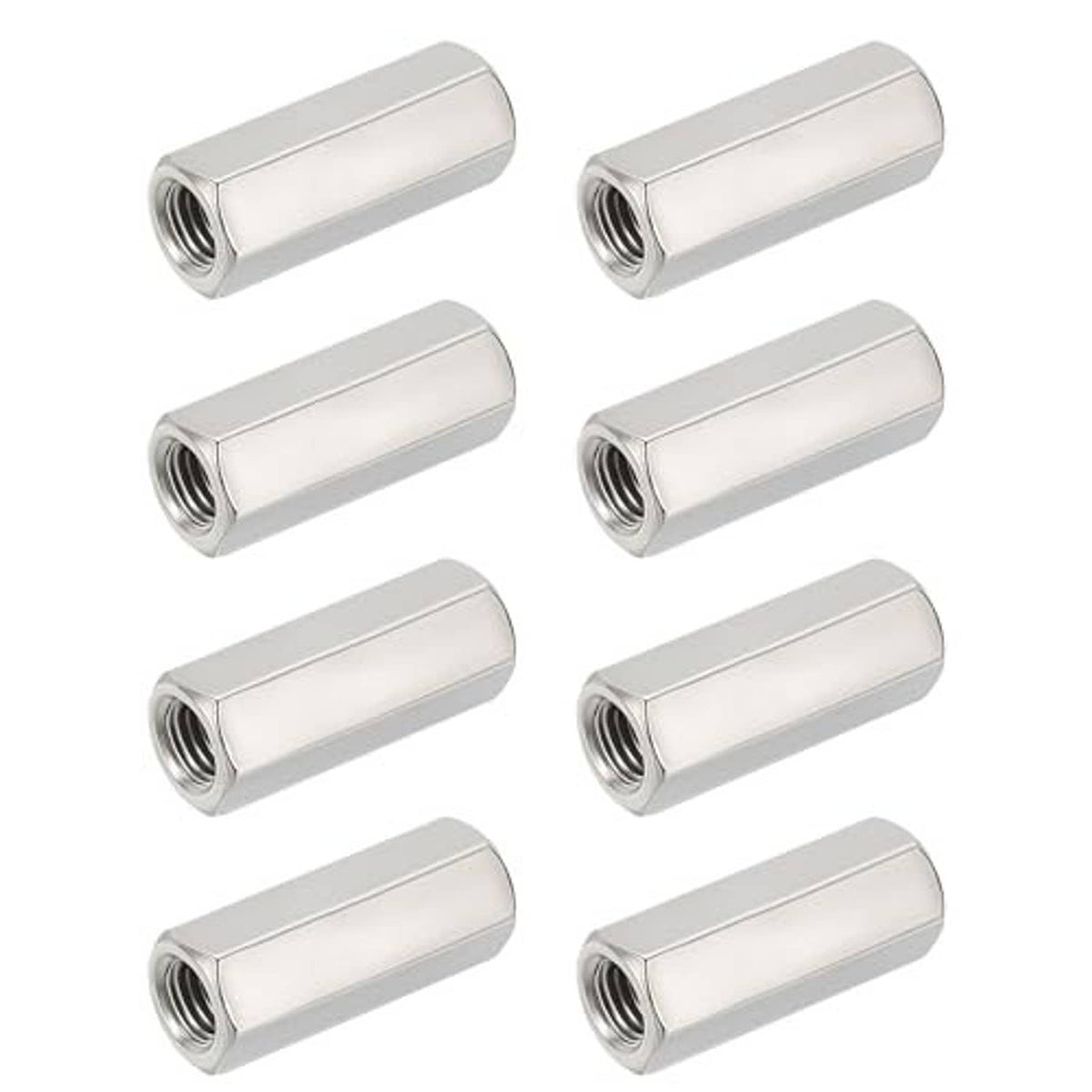 Set of hex coupling nuts with internal threads, smooth silver finish; M12 x 1.25