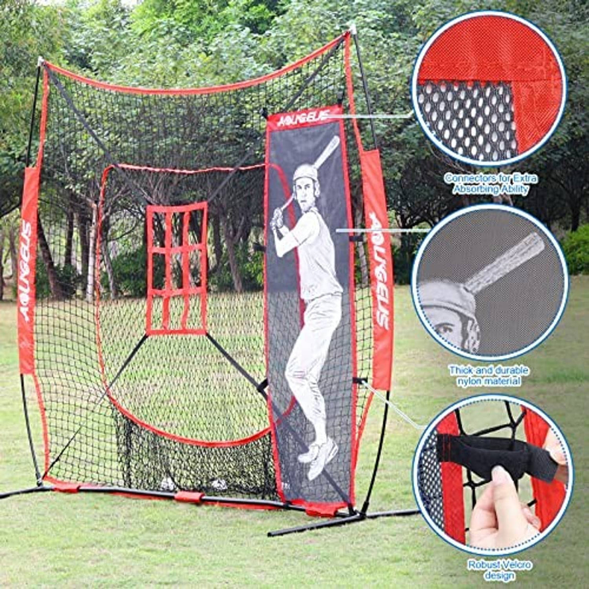 Outdoor baseball training net with red strike zone window and batter dummy panel