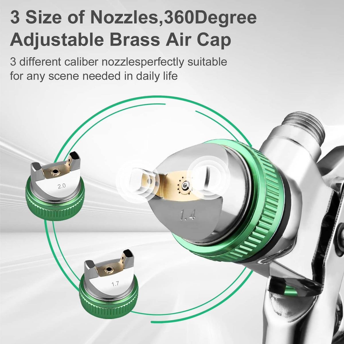 Green-capped HVLP spray gun with interchangeable 1.4, 1.7, and 2.0 nozzles