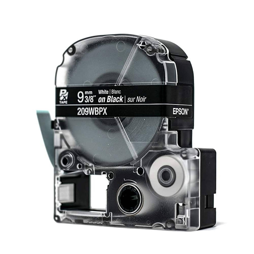 Epson LabelWorks PX tape cartridge, front view, 9 3/8-in black tape with white text (209WBXP)