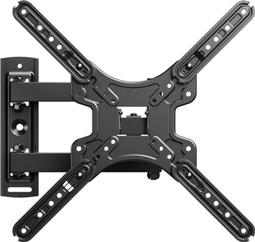 Black corner TV wall mount bracket with center mounting plate and long arm rails