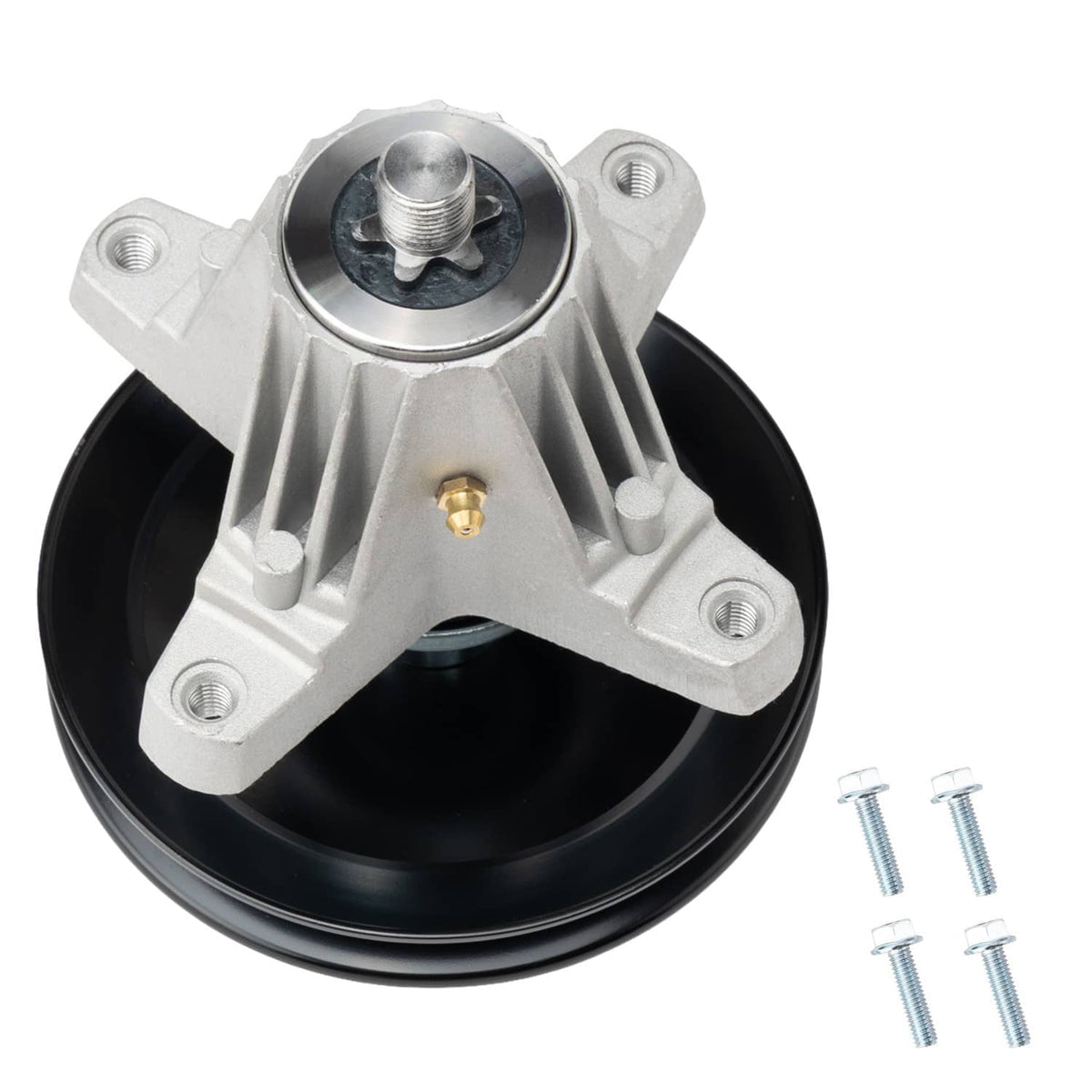 Deck spindle assembly with black pulley and silver housing, top attachment point