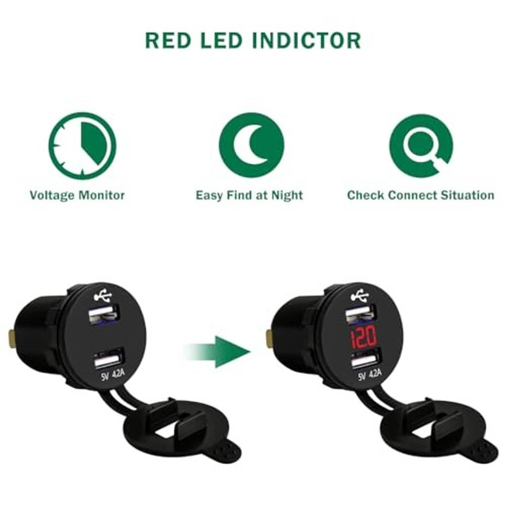 Black dual USB charger with red LED volt display indicator and two-port face