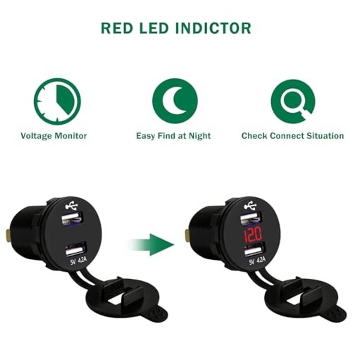 Black dual USB charger with red LED volt display indicator and two-port face
