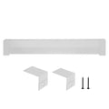 White baseboard heater cover with vented grille, end caps, support brackets, and screws