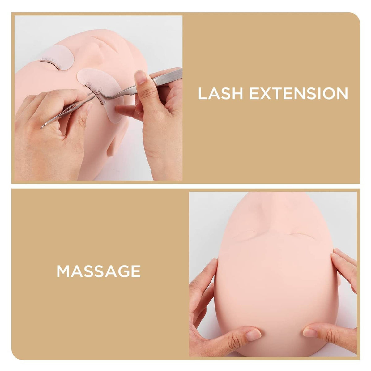 Beige lash extension practice mannequin head during false eyelash placement