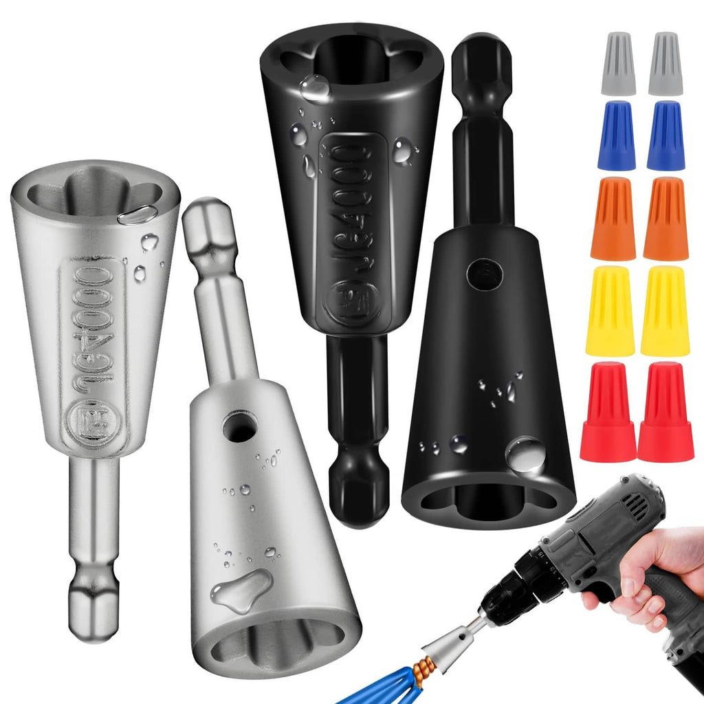 Wire twister tool set with black and white drill heads and colored connector caps
