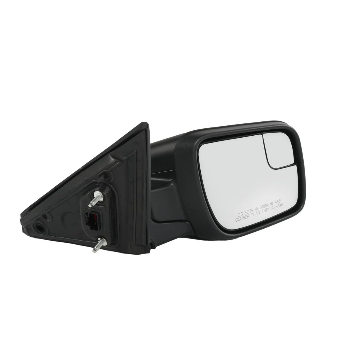 Right side mirror with clear glass and black housing, close-up angled view