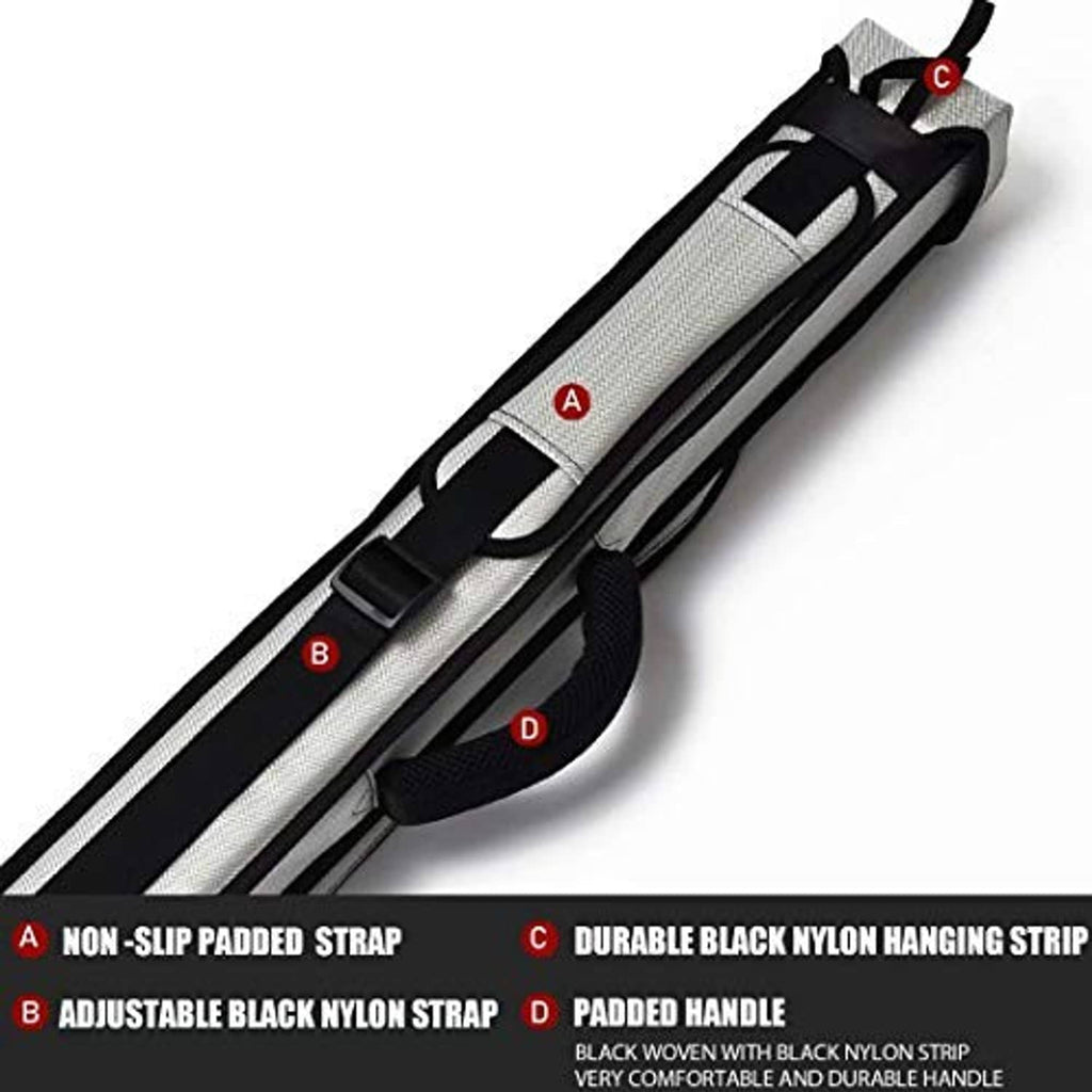 Silver gray cue case with adjustable strap, non-slip padded hanging strap, and zipper top