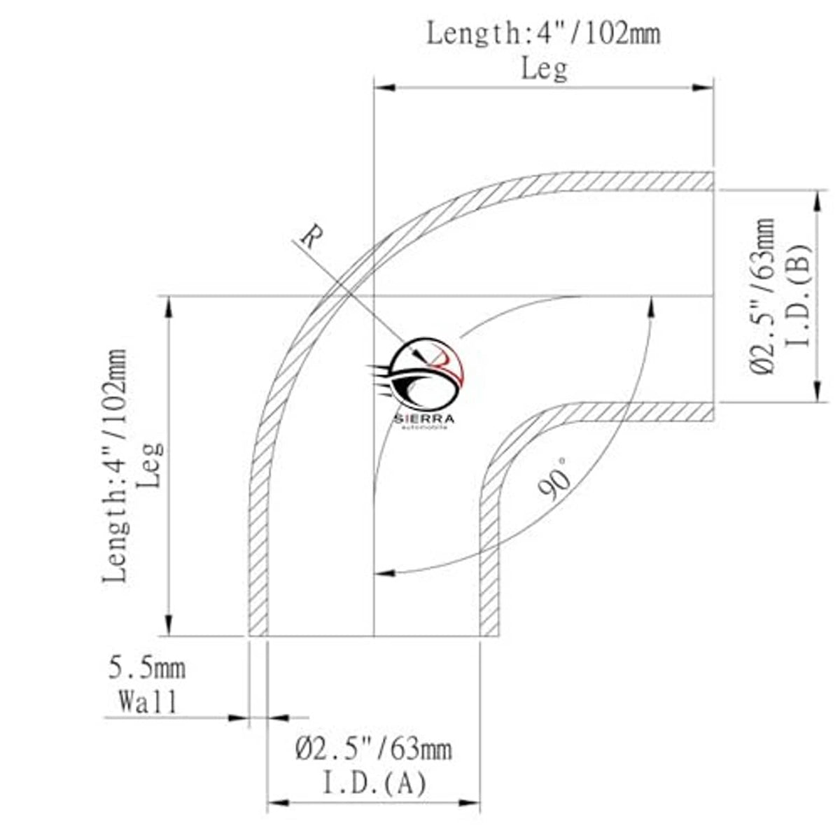 Measurement diagram for 90-degree silicone elbow hose showing leg length and diameter