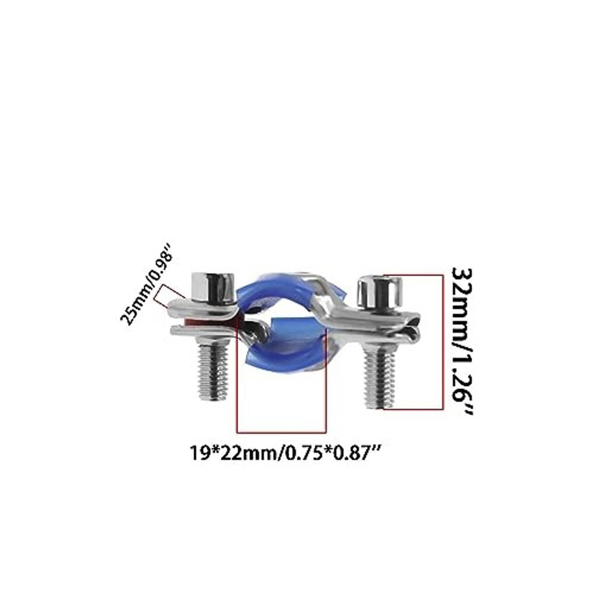 Adjustable pipe clamp with blue silicone cushion, shown with size markings