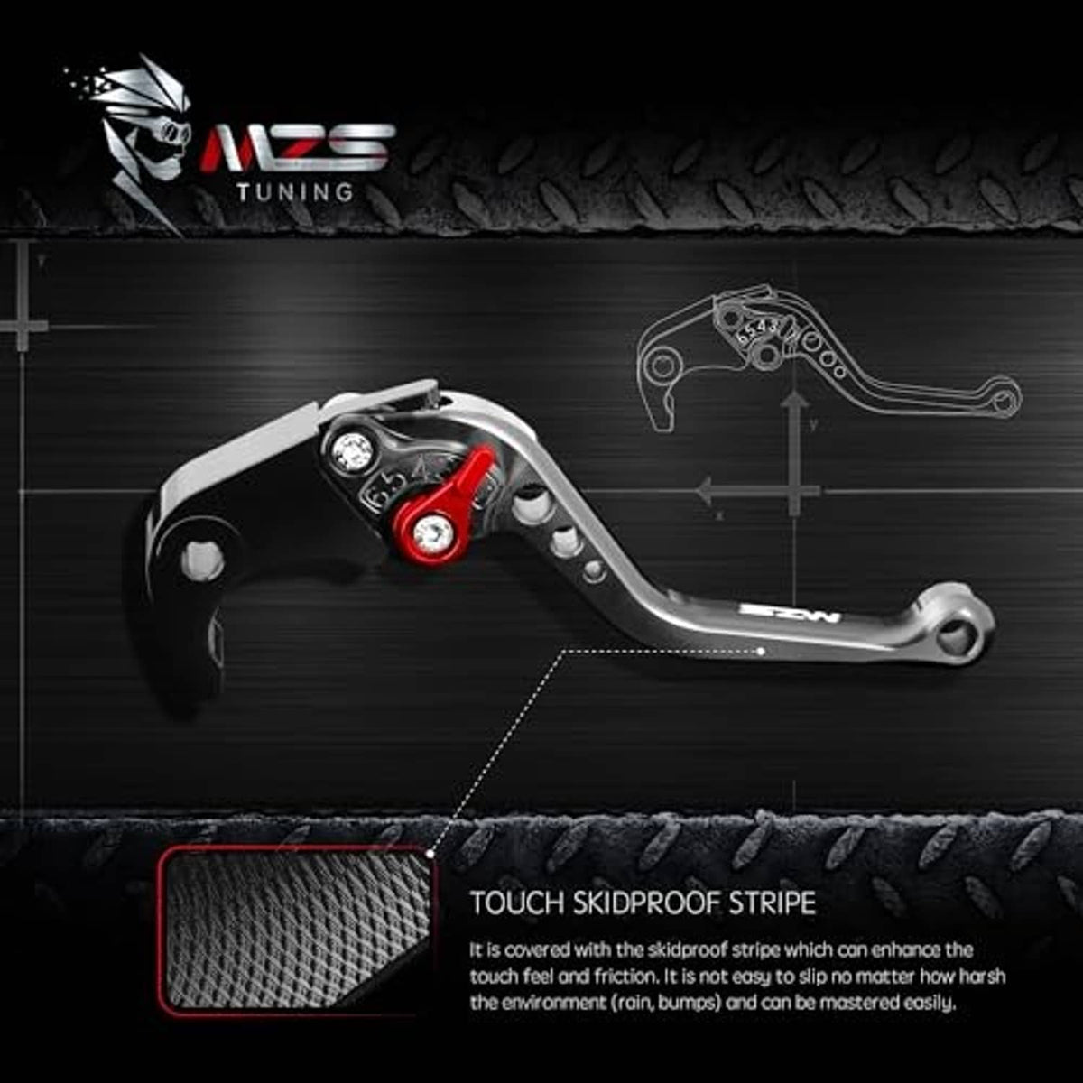 Brake lever detail with textured grip area, silver lever and red pivot knob